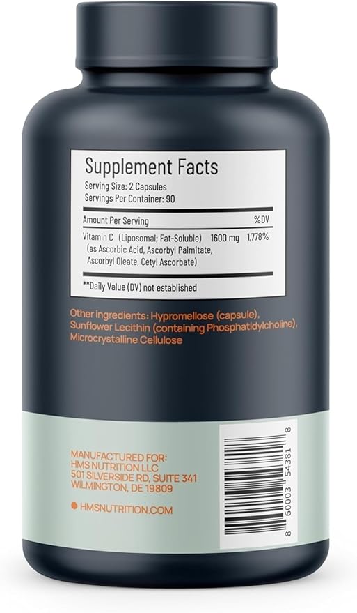 Liposomal Vitamin C 1600 mg — Fat‑Soluble, High‑Absorption Liposomal C Capsules for Immune & Skin Support | NSF‑Certified, Non‑GMO, Gluten‑Free | 180 Capsules (90‑Day Supply)