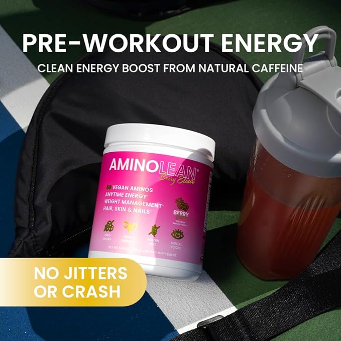 RSP NUTRITION AminoLean Pre Workout, Clean Energy with No Jitters, Tingles or Crash, Vegan Friendly with Added Biotin for Hair, Skin, Nails, Berry Elixir, 30 Servings