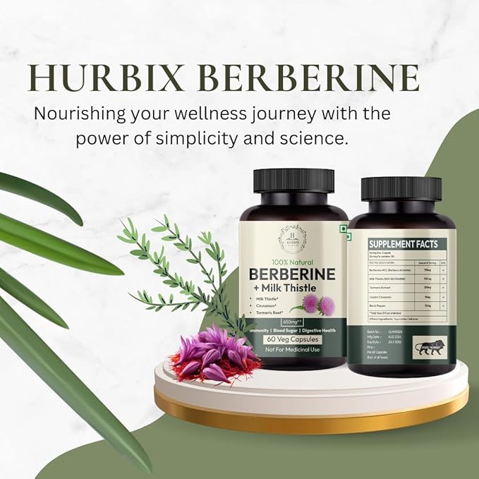 Hurbix Berberine - 1300 mg | 5 in 1 Enhanced Formula with Milk Thistle, Turmeric & Cinnamon | Premium High-Potency Formula | 60 Capsules