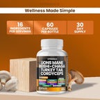 Vitamax Lions Mane Mushroom, Turkey Tail, Chaga & Reishi, Cordyceps Shiitake White Elm King Trumpet Nameko Oyster Porcini Focus & Energy - Made in USA (60 Capsules (Pack of 1))
