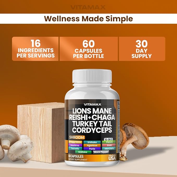 Vitamax Lions Mane Mushroom, Turkey Tail, Chaga & Reishi, Cordyceps Shiitake White Elm King Trumpet Nameko Oyster Porcini Focus & Energy - Made in USA (60 Capsules (Pack of 1))