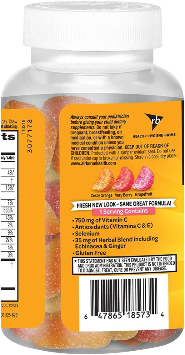 Airborne 750mg Vitamin C Immune Support Supplement Gummies for Adults, Assorted Fruit Flavor, Gluten Free Crafted Blend with Powerful Antioxidants Vitamins A C & E, 42 Gummies (4 Pack)