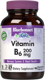 Bluebonnet Nutrition Vitamin B6 Vegetable Capsules, 200 mg, For Cardiovascular and Nervous System Health, Soy Free, Gluten Free, Kosher, Dairy Free, Vegan, Non-GMO, 90 Vegetable Capsules, 90 Servings