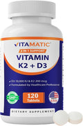 Vitamatic Vitamin D3 K2 Supplements with 10,000 IU Vitamin D + 200mcg Vitamin K MK-7, 120 Tablets Bone, Heart, Immune, & Calcium Support