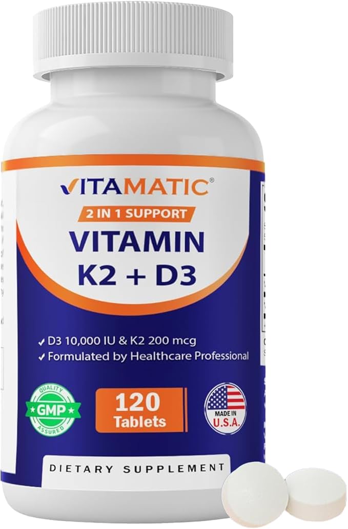 Vitamatic Vitamin D3 K2 Supplements with 10,000 IU Vitamin D + 200mcg Vitamin K MK-7, 120 Tablets Bone, Heart, Immune, & Calcium Support