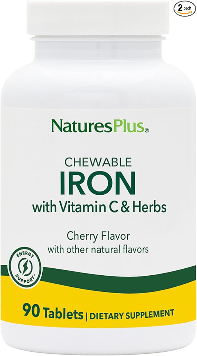 NaturesPlus Chewable Iron, Cherry - 90 Tablets, Pack of 2 - Supports Healthy Blood & Natural Energy Production - High-Potency Supplement with Vitamin C & Herbs - 180 Total Servings