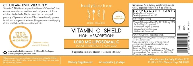 Body Kitchen Liposomal Vitamin C Shield, 1000mg PureWay-C, High Absorption, Non-GMO, Supports Immune Health and Cellular Efficacy, Veggie Caps, 60 Count