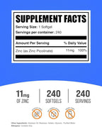 BulkSupplements.com Zinc Picolinate Softgels - Zinc 11mg, for Immune Support, Gluten Free - 1 Softgel per Serving, 240 Count (Pack of 1)