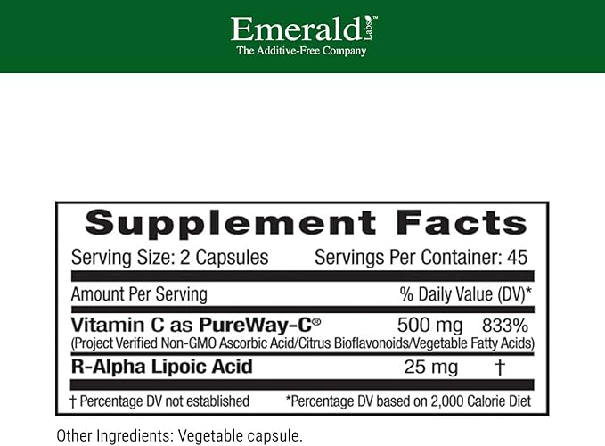 EMERALD LABS PureWay-C - Liver & Immune Support Supplement with R-Alpha Lipoic Acid* - Fast-Absorbing Vitamin C - 90 Vegetable Capsules (45-Day Supply)