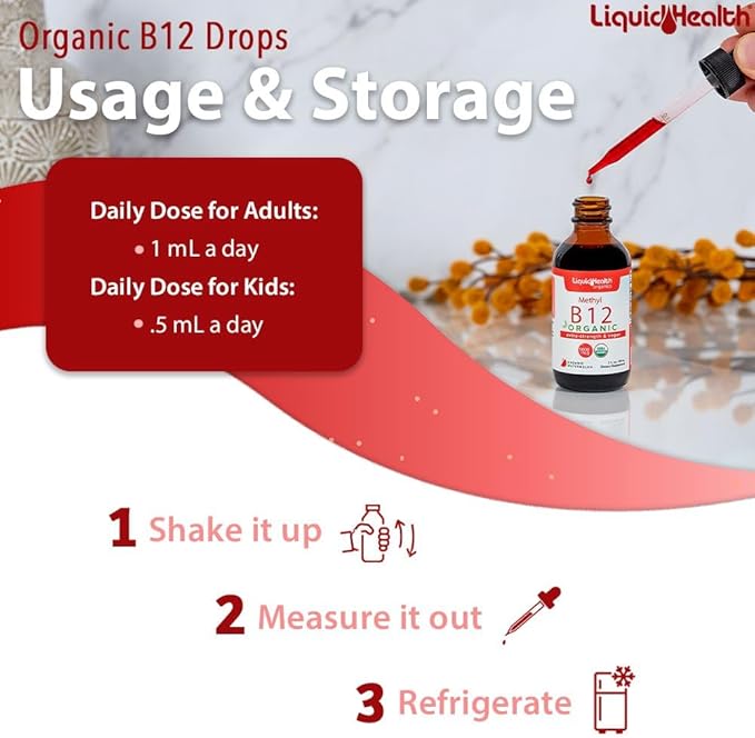 LIQUIDHEALTH USDA Organic Methyl Vitamin B12 Methylcobalamin Liquid Drops with Tart Cherry Juice - Boost Energy, Immune Support, Improve Memory & Concentration - USA Made, Vegan, Non-GMO (2 Pack)