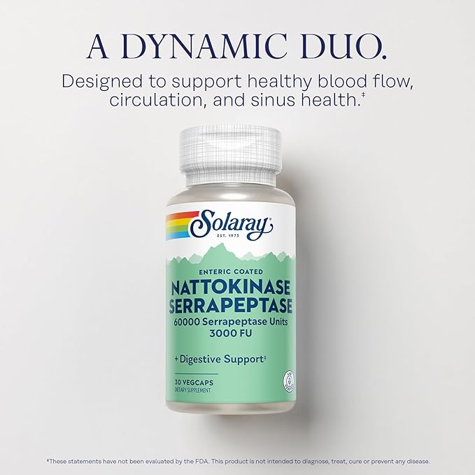 SOLARAY Nattokinase Serrapeptase Supplement - Enteric Coated - 3000 FU Nattokinase Supplement - Circulation, Cardiovascular, Sinus Support - Lab Verified, 60-Day Guarantee - 30 Servings, 30 VegCaps
