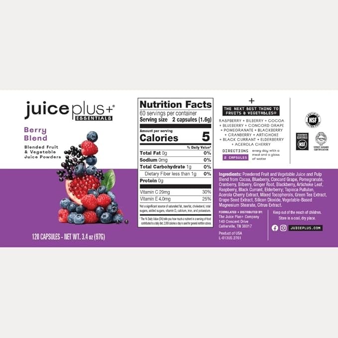 JuicePlus+ Berry Blend: with Concord Grape, Blueberry, Cranberry, and More - Whole Food Based, Vegan, Plant-Based Vitamins - Gluten-Free, Non-GMO, Kosher - 1 Bottle (60 Servings)