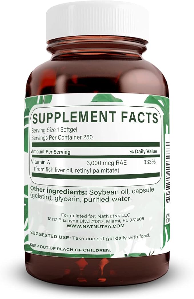 Natural Nutra Vitamin A 10,000 IU Softgels – High Potency Eye and Skin Vitamins – Gluten-Free - Supplement for Sight & Skin Health – Fish Liver Oil for Men and Women, Gluten Free 250 Softgels (2 Pack)