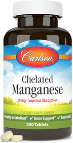 Carlson - Chelated Manganese, 20 mg - Superior Absorption, Healthy Metabolism, Bone Support & Brain Health, 250 Tablets