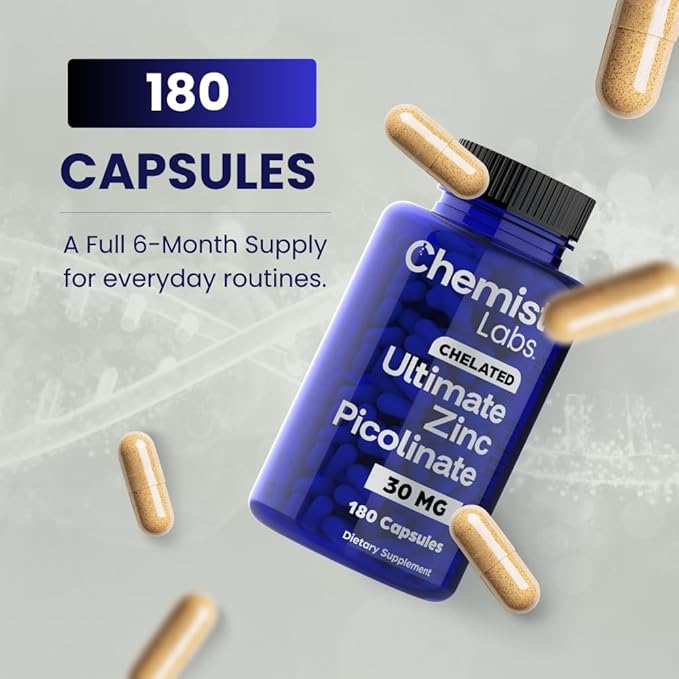 Ultimate Zinc Picolinate 30mg - 180 Capsules - Fast-Absorbing - 6 Month Supply - Vitamin Zinc Picolinate Supplements - Immune Support, Colds, Skin Health - Foundational Mineral - Vegetarian Capsules