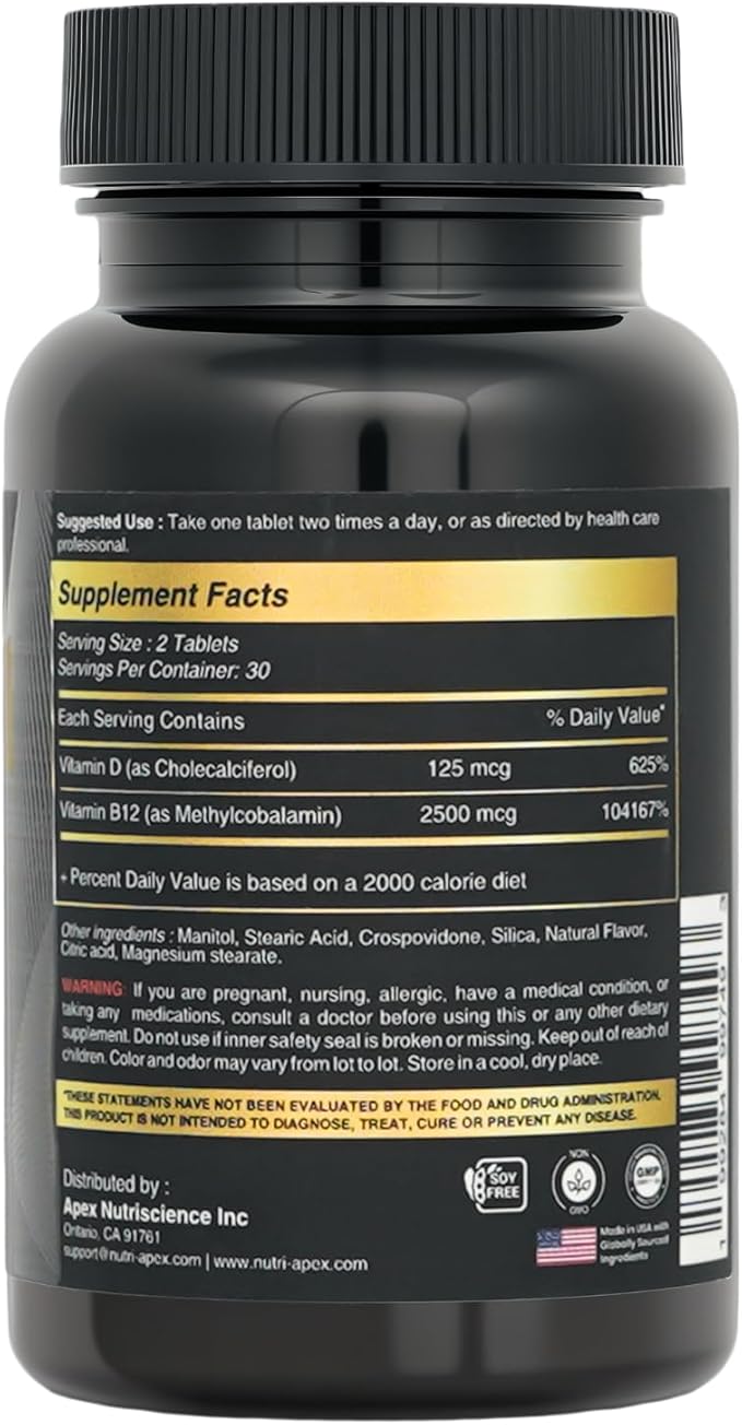 Vitamin B12 2500mcg + Vitamin D3 5000 IU (125mcg) Sublingual Tablets, 60 Count, Daily Energy & Bone Support, Lab Tested, Made in USA (120 Count (Pack of 2))