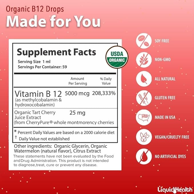 LIQUIDHEALTH USDA Organic Methyl Vitamin B12 Methylcobalamin Liquid Drops with Tart Cherry Juice - Boost Energy, Immune Support, Improve Memory & Concentration - USA Made, Vegan, Non-GMO (3 Pack)
