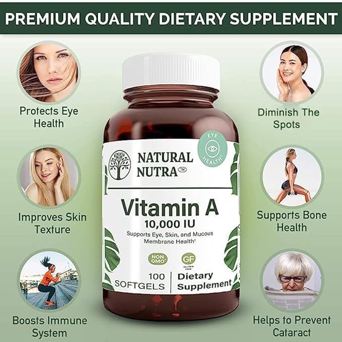 Natural Nutra Vitamin A 10,000 IU Softgels – High Potency Eye and Skin Vitamins – Gluten-Free Vitamin A Supplement for Sight & Skin Health – Fish Liver Oil for Men and Women, Gluten Free 100 Softgels