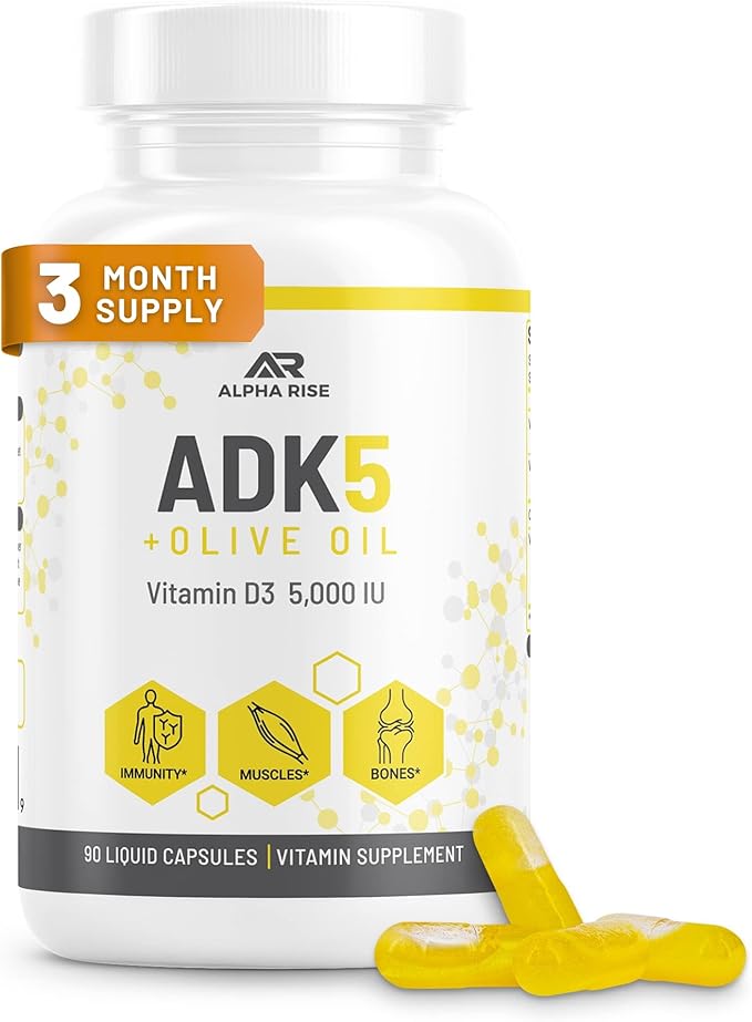 ADK Vitamin Supplement + Olive Oil for Better Absorption | ADK 5 Supplement with Vitamin A D and K | 5000 iu of Vitamin D3 + K2 (MK7+MK4) | 90 Liquid Capsules | Vegetarian | Non-GMO