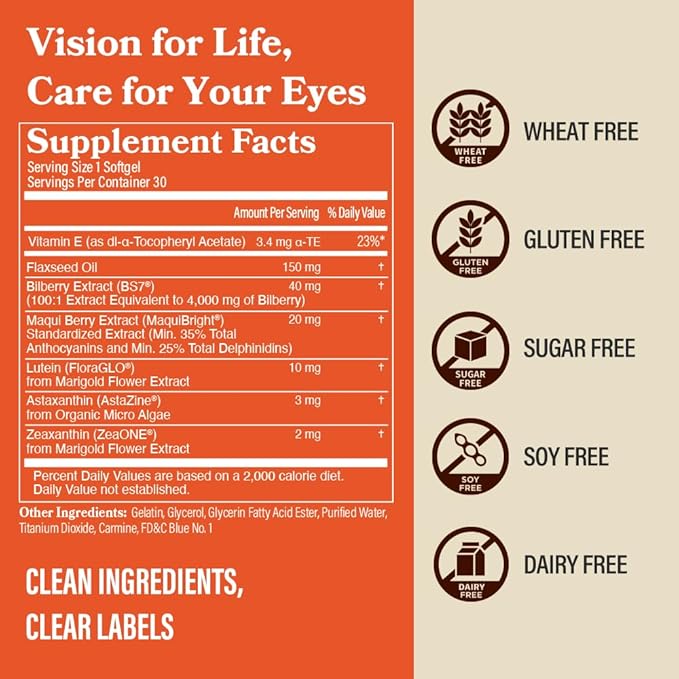 DAIKEN Lutein and Zeaxanthin Supplements, AREDS 2 Inspired Formula with Astaxanthin, Maqui Berry, Bilberry, Flaxseed Oil & Vitamin E, 30 Softgels
