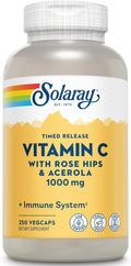SOLARAY Vitamin C 1000mg - Time Release Vitamin C Capsules w/Rose HIPS and Acerola for Bioflavonoid Support - Two-Stage, All-Day Immune Support - Vegan, 60 Day Guarantee, 250 Servings, 250 VegCaps