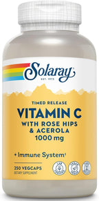 SOLARAY Vitamin C 1000mg - Time Release Vitamin C Capsules w/Rose HIPS and Acerola for Bioflavonoid Support - Two-Stage, All-Day Immune Support - Vegan, 60 Day Guarantee, 250 Servings, 250 VegCaps