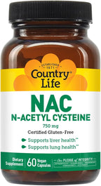 Country Life N-Acetyl Cysteine (NAC) 750 mg – Premium Liver Support and Lung Health Supplement – Powerful Antioxidant Protection, Liver Detox & Cleanse, Immune Support, 60 Vegetarian Capsules