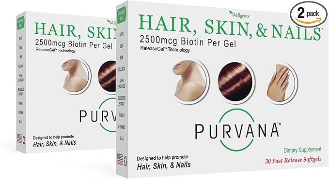 Wellgenix Purvana Hair Skin and Nails Supplement – 2500mcg Biotin Softgels with MSM & B-Complex – Daily Beauty Support for Stronger Nails & Hair Vitality – 60 Softgels (2 Pack)