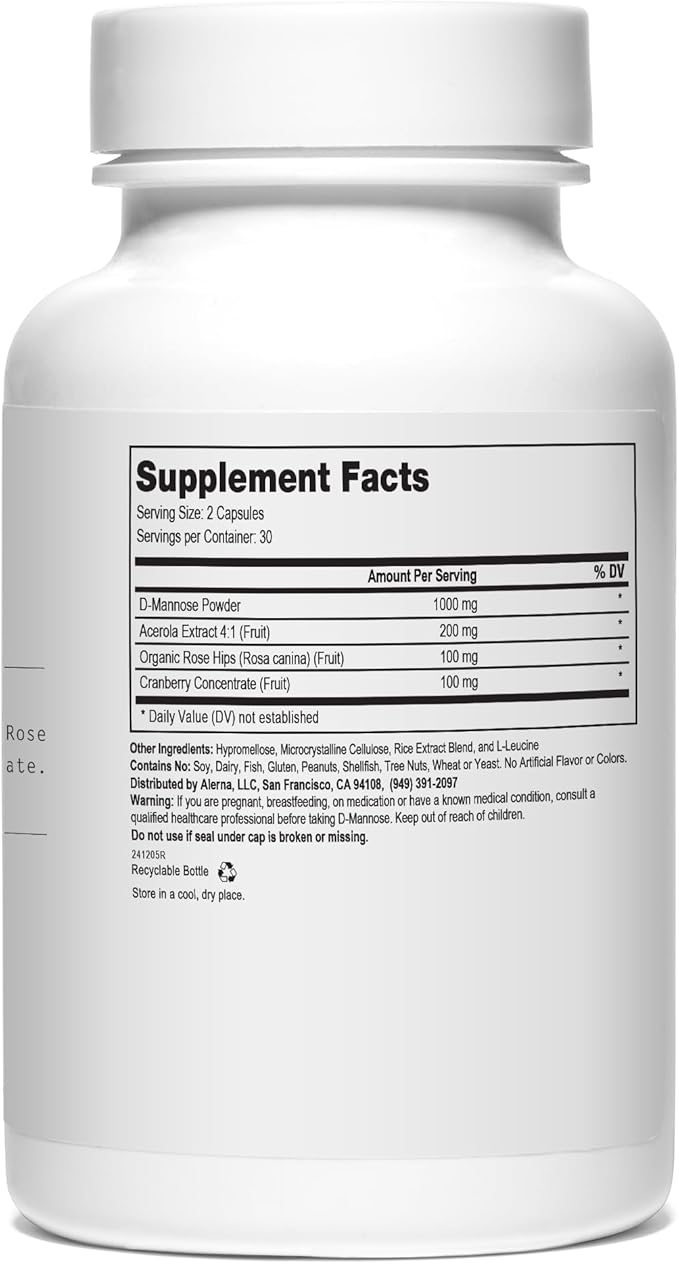 D-Mannose 1000 mg - Urinary Tract Health - with Cranberry Concentrate, Organic Rose Hips, Acerola Extract - 60 Vegetarian Capsules