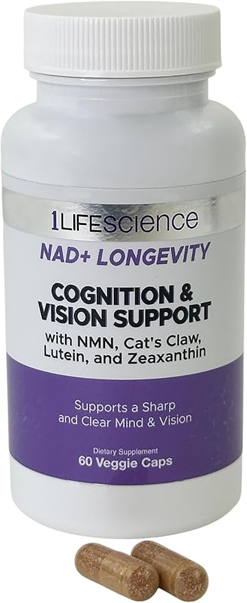 1LifeScience Cognition & Vision Support Supplement – NMN, Lion’s Mane, Cat’s Claw, Apigenin, PQQ & Lutein – NAD+ Support Formula – cGMP Made in USA – 60 Caps