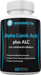 Alpha Lipoic Acid Plus Acetyl L-Carnitine Antioxidant Supplement ALA ALC for Healthy Brain Function & Muscle Strength, Focus, Memory & Cognitive Function for Women & Men - 60 Capsules by Neonutrix