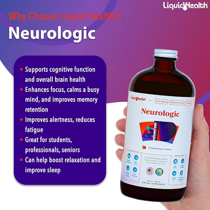 LIQUIDHEALTH Neurologic Focus Supplement - Brain Booster Nootropic Supplement for Cognitive Function, Memory & Focus with Ginkgo Biloba, Choline, L-Theanine & Phosphatidylserine - USA Made (32 oz)