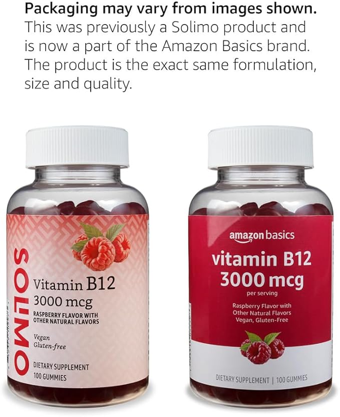 Amazon Basics Vitamin B12 3000 mcg, Normal Energy Production and Metabolism, Immune System Support, 100 Gummies (2 per serving), Pack of 2, Raspberry (Previously Solimo)