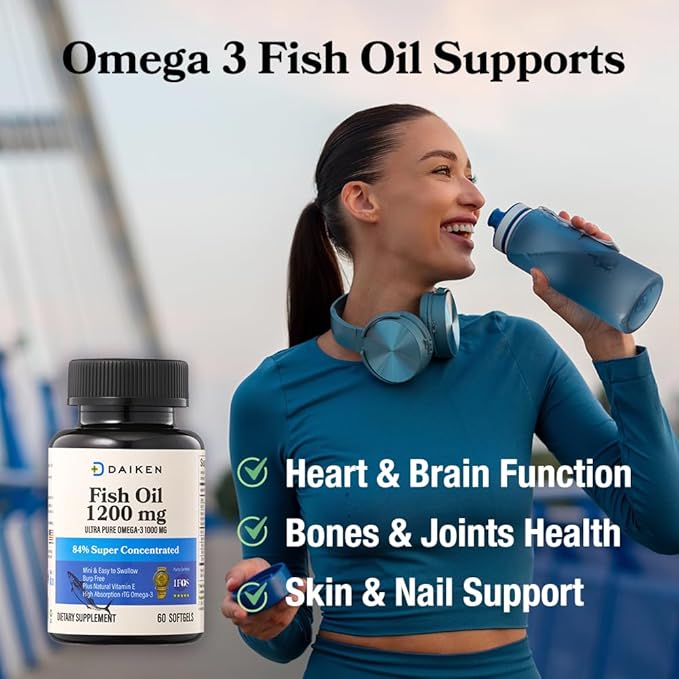 DAIKEN Mini Fish Oil 1200 mg, rTG Omega 3 1000mg, 60 Softgels, High Absorption & Burpless Fish Oil for Healthy Heart, Brain and Dry Eyes Support