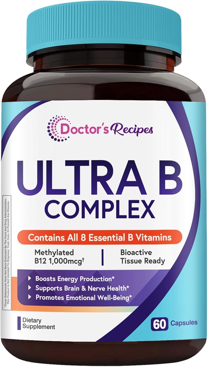 Doctor's Recipes Ultra B Complex Vitamins for Women and Men, with Methylated B12 1000mcg, B6, B1, Folic Acid, for Energy Metabolism, Nerve & Mood Support, Vegan, 60 Capsules, 30 Day Supply