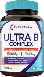 Doctor's Recipes Ultra B Complex Vitamins for Women and Men, with Methylated B12 1000mcg, B6, B1, Folic Acid, for Energy Metabolism, Nerve & Mood Support, Vegan, 60 Capsules, 30 Day Supply