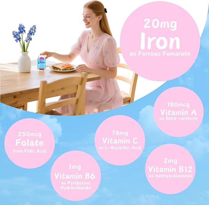 Multi-Vitamin Iron Supplement - with Vitamin C, B12 & Ferrous Fumarate - Energy Boost, Immune & Blood Support - Delicious Mixed Flavors - No Metallic Aftertaste - 120 Count