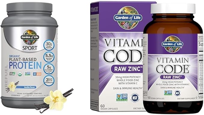Garden of Life Organic Vegan Sport Protein Powder, Vanilla - Probiotics, BCAAs, 30g Plant Protein & Zinc Supplements 30mg High Potency Raw Zinc and Vitamin C Multimineral Supplement
