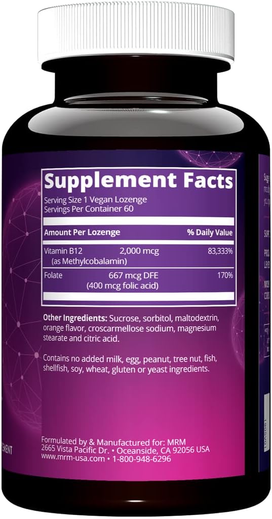 MRM Nutrition Vitamin B-12 with Folic Acid | 2000mcg Methylcobalamin | Sublingual Tablets for Energy, Metabolism & Nervous System Support | Vegan Friendly | High Absorption | 60 Tablets