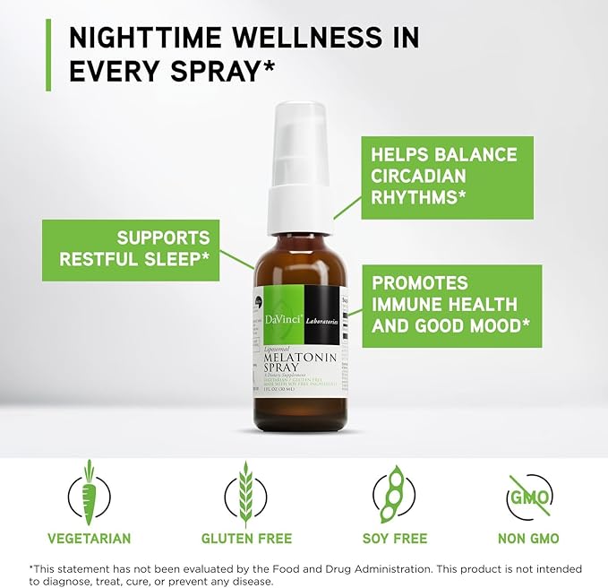 DAVINCI Labs Liposomal Melatonin Spray - Sleep Support Supplement - Bedtime Spray with 3mg Melatonin Per Serving - Fast-Acting Formula - Supports Restful Sleep - 30 mL