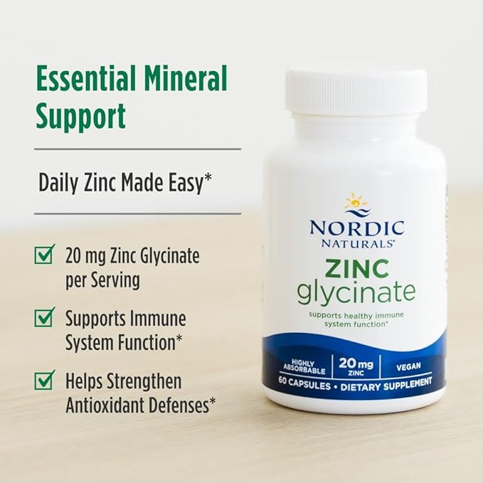 Nordic Naturals Zinc Glycinate - 60 Capsules - 20 mg Highly Absorbable Zinc Glycinate - Optimal Wellness - Non-GMO, Gluten Free, Vegan - 60 Servings