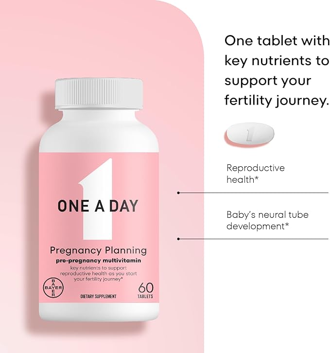 One A Day Pregnancy Planning Prenatal Multivitamin for Women, Pre Pregnancy Vitamins for Women with Methylfolate, Folic Acid, Zinc, Vitamin B12 & Vitamin D to Support Reproductive Health, 60 Tablets