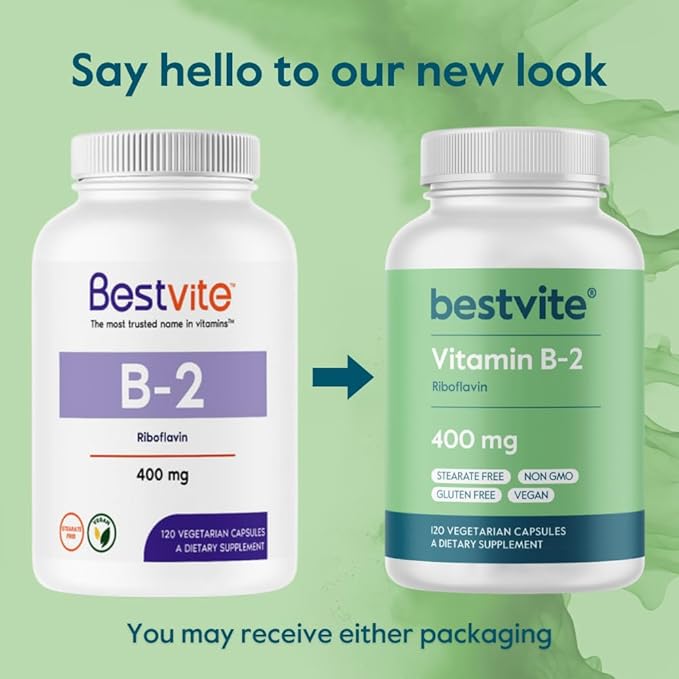 BESTVITE Vitamin B-2 (Riboflavin) 400mg (120 Vegetarian Capsules) - High Potency – Energy, Skin & Cellular Health – Healthy Nervous System Support – Vegan – Non GMO – Gluten Free – No Stearates