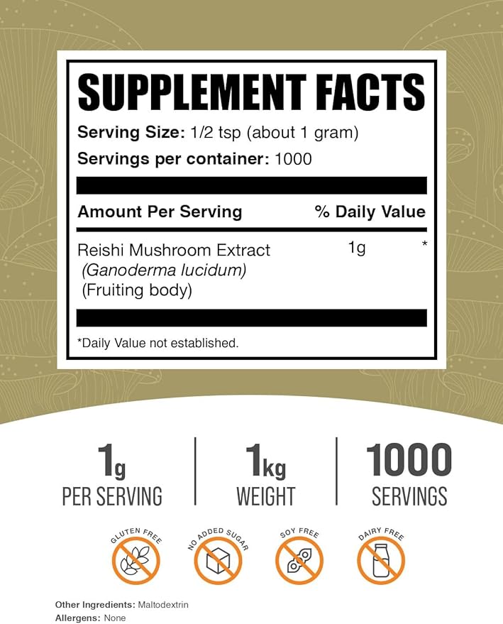 BulkSupplements.com Reishi Mushroom Extract Powder - Reishi Mushroom Powder, Supplement for Overall Well-Being - Gluten Free, 1g per Serving, 1kg (2.2 lbs) (Pack of 1)