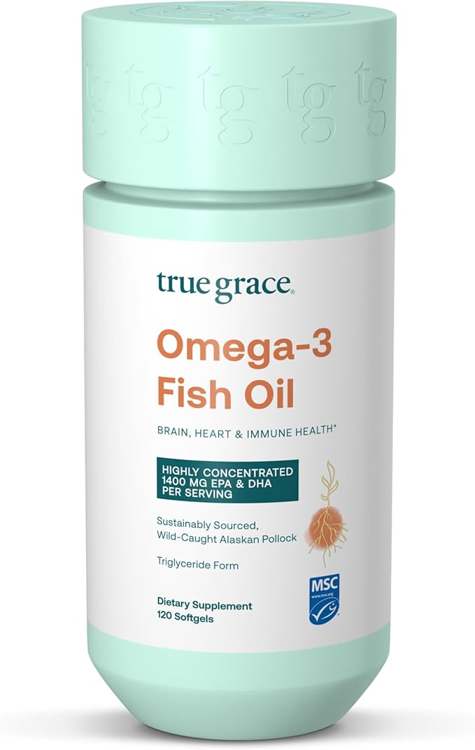 True Grace Omega-3 Fish Oil - 120 Softgels - 1400 mg EPA + DHA - Brain, Heart, Joint & Immune Health - Organic, Gluten Free, Soy Free