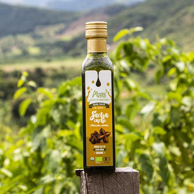 Amazon Andes Organic Sacha Inchi Oil 8.45 fl oz 250ml Glass Bottle - Cold Pressed Extra Virgin - Omega 3 6 9 Fatty Acids - USDA Organic Inca Peanut Oil from Peru - Plant Based Vegan