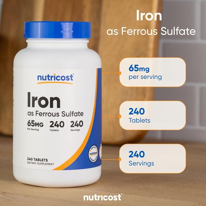 Nutricost Iron (As Ferrous Sulfate) 65mg, 240 Tablets - Non-GMO, Gluten Free (Pack of 2)