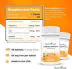 Chewable Carbonyl Iron 65mg with 270mg Vitamin C – Bariatric Friendly Tablet (Non-Gummy), Sugar-Free Orange Flavor - Iron Supplement – 60 Tablets (60 Day Supply)