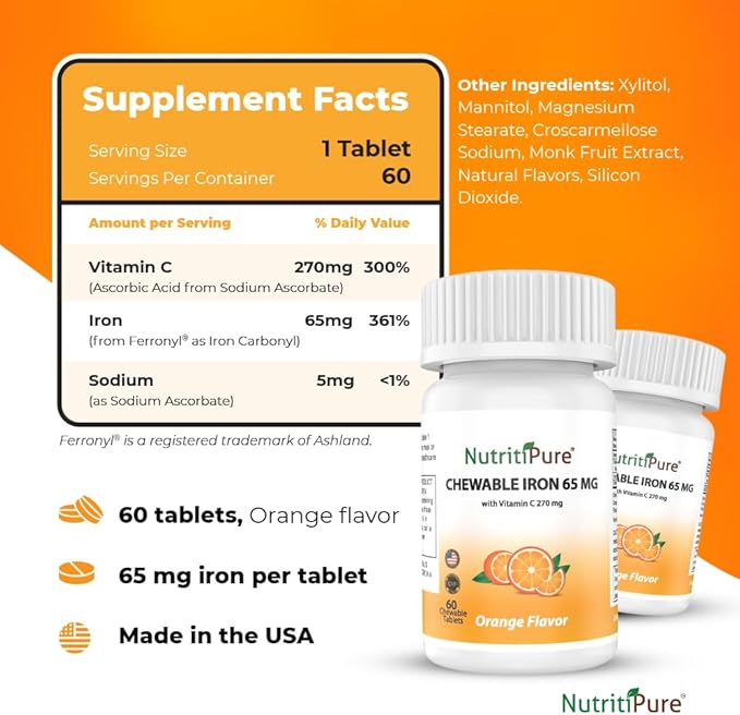 Chewable Carbonyl Iron 65mg with 270mg Vitamin C – Bariatric Friendly Tablet (Non-Gummy), Sugar-Free Orange Flavor - Iron Supplement – 60 Tablets (60 Day Supply)