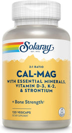Solaray Cal-Mag with Essential Minerals | Calcium, Magnesium, Strontium, Vitamins D-3 & K-2 | 30 Serv | 120 VegCaps